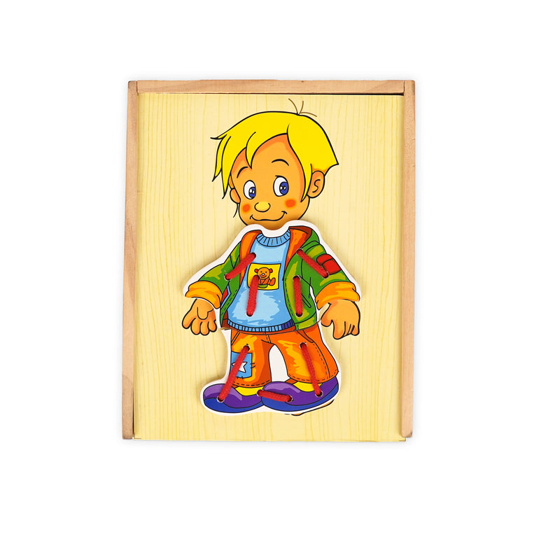 Wooden Dress-Up Puzzle for toddlers featuring a boy figure with mix-and-match outfits, promoting fine motor skills and imaginative play for children aged 3+ img2