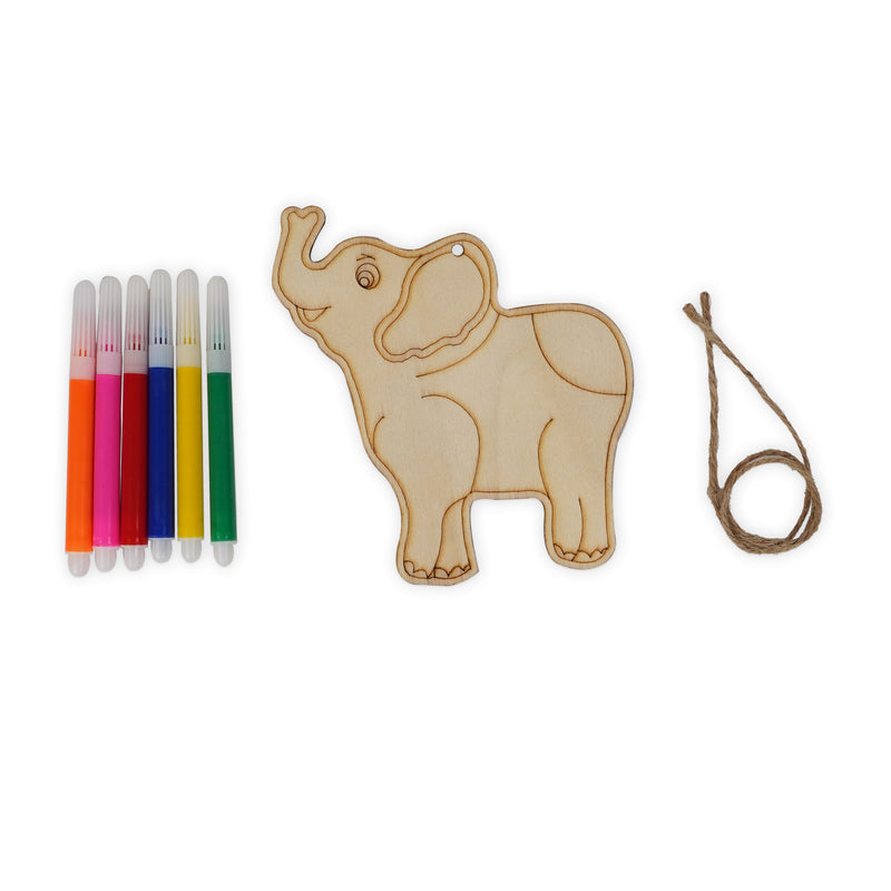 Wooden Elephant Painting Kit for Kids with 6 colorful markers and twine for hanging decoration.

