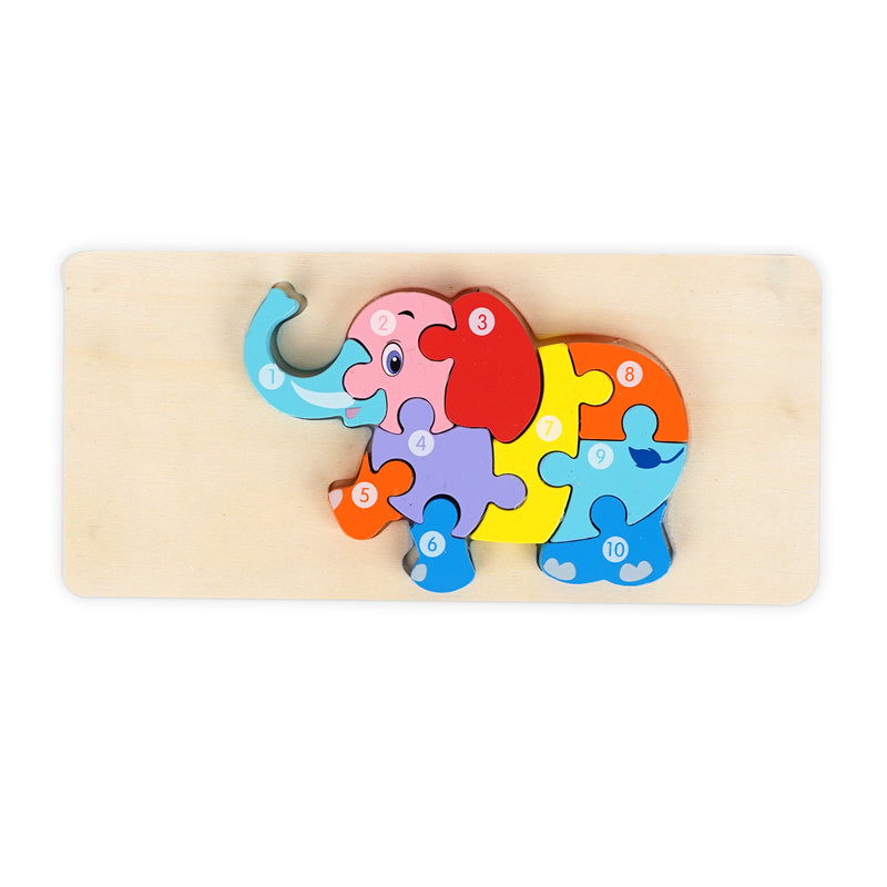 Wooden elephant-shaped puzzle featuring colourful numbered pieces from 1 to 10, designed to help toddlers develop number recognition, fine motor skills, and problem-solving abilities.