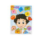 Wooden face parts puzzle featuring labeled facial features such as eyes, nose, mouth, and ears, designed to help kids learn facial anatomy and develop fine motor skills.
