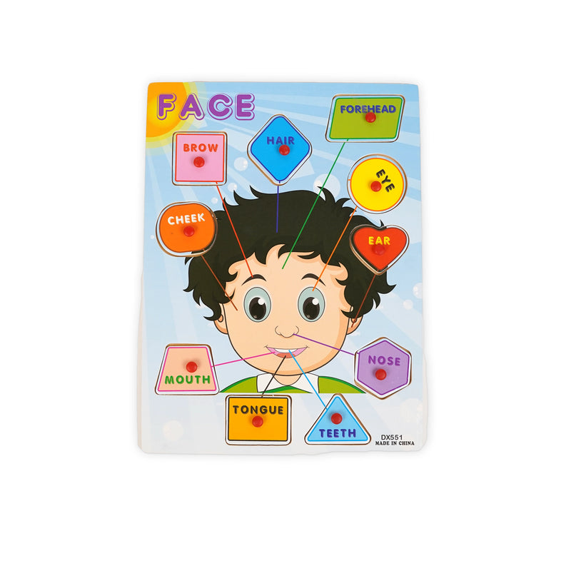 Wooden face parts puzzle featuring labeled facial features such as eyes, nose, mouth, and ears, designed to help kids learn facial anatomy and develop fine motor skills.