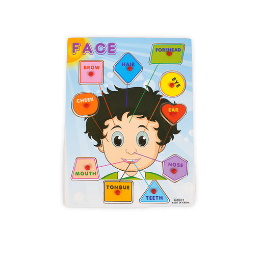 Wooden face parts puzzle featuring labeled facial features such as eyes, nose, mouth, and ears, designed to help kids learn facial anatomy and develop fine motor skills.