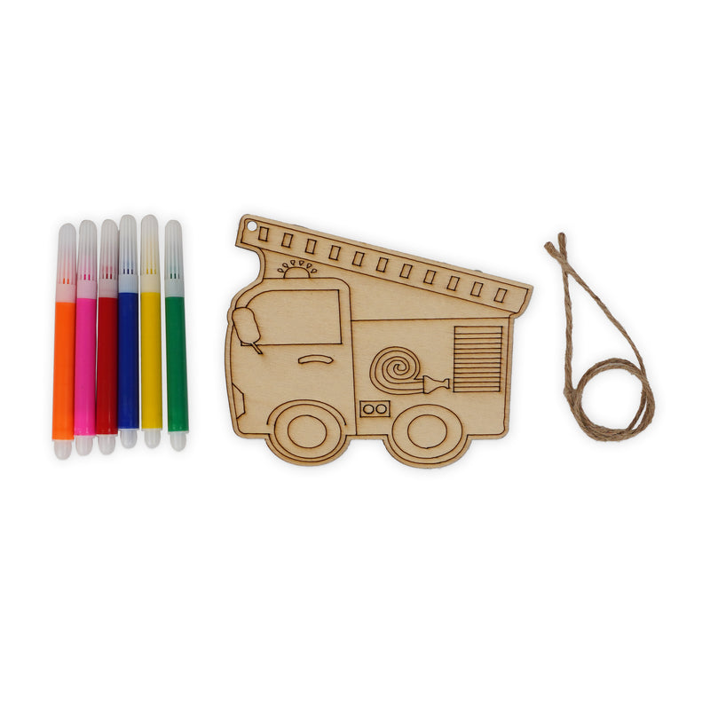 Wooden Fire Truck Painting Kit for Kids with 6 colorful markers and twine for hanging decoration.

