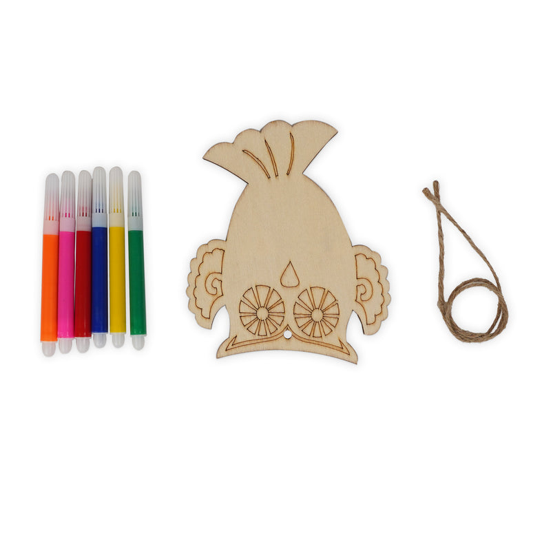 Wooden Fish Painting Kit for Kids with 6 colorful markers and twine for hanging decoration.

