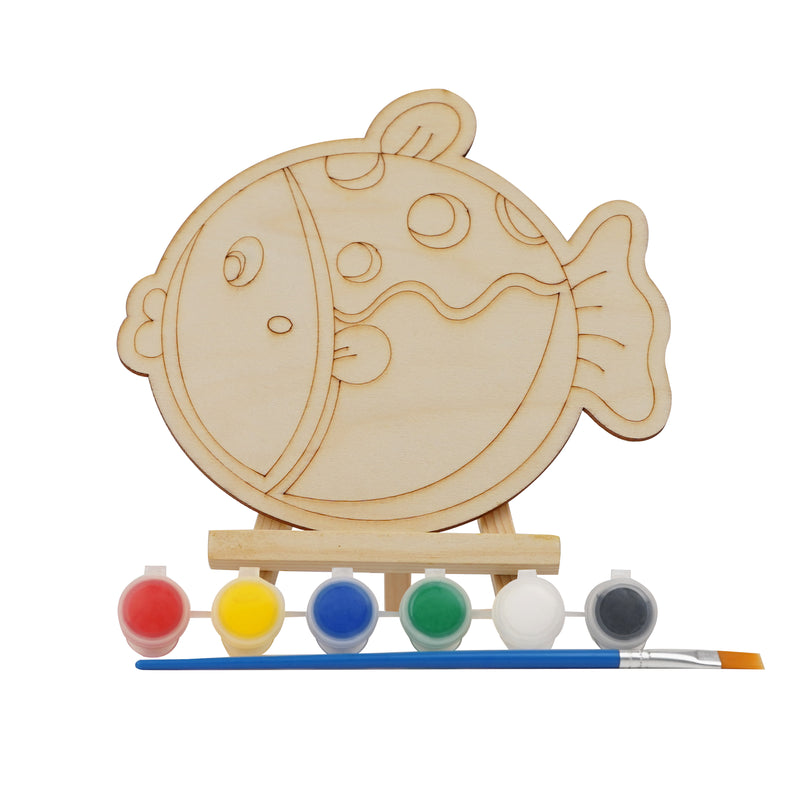 Wooden Fish Painting Kit for Kids with standable fish design, 6 paints, and brush.

