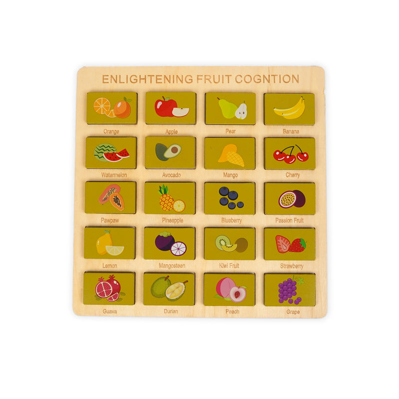 Wooden fruit cognition puzzle featuring colourful illustrations of various fruits such as orange, apple, banana, pineapple, and strawberry, designed to help toddlers learn fruit recognition and develop fine motor skills.