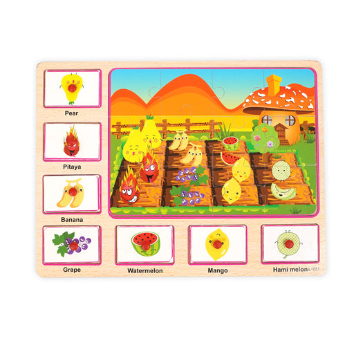 Wooden fruit garden puzzle featuring various fruits like pear, banana, watermelon, and more, designed to teach children fruit recognition and enhance cognitive skills through interactive play.