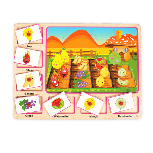 Wooden fruit garden puzzle featuring various fruits like pear, banana, watermelon, and more, designed to teach children fruit recognition and enhance cognitive skills through interactive play. img2