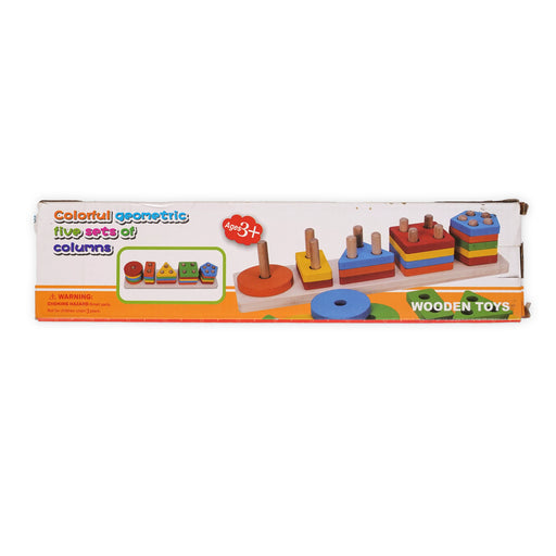 Wooden geometric shape sorting toy for kids aged 3+, featuring 5 sets of colorful shapes and stacking columns for hands-on learning and shape recognition. box