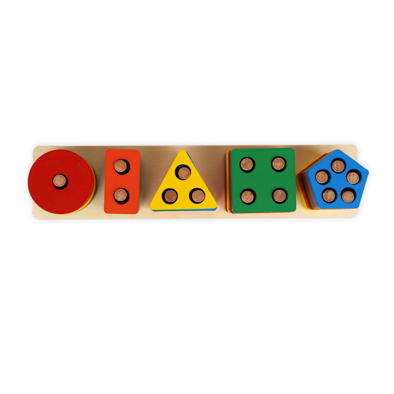 Wooden geometric shape sorting toy for kids aged 3+, featuring 5 sets of colorful shapes and stacking columns for hands-on learning and shape recognition.