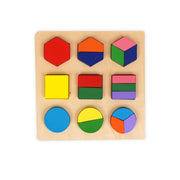 Wooden geometric sorting puzzle featuring colourful squares, circles, and hexagons designed for toddlers to develop shape recognition, fine motor skills, and hand-eye coordination. img2
