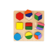 Wooden geometric sorting puzzle featuring colourful squares, circles, and hexagons designed for toddlers to develop shape recognition, fine motor skills, and hand-eye coordination.