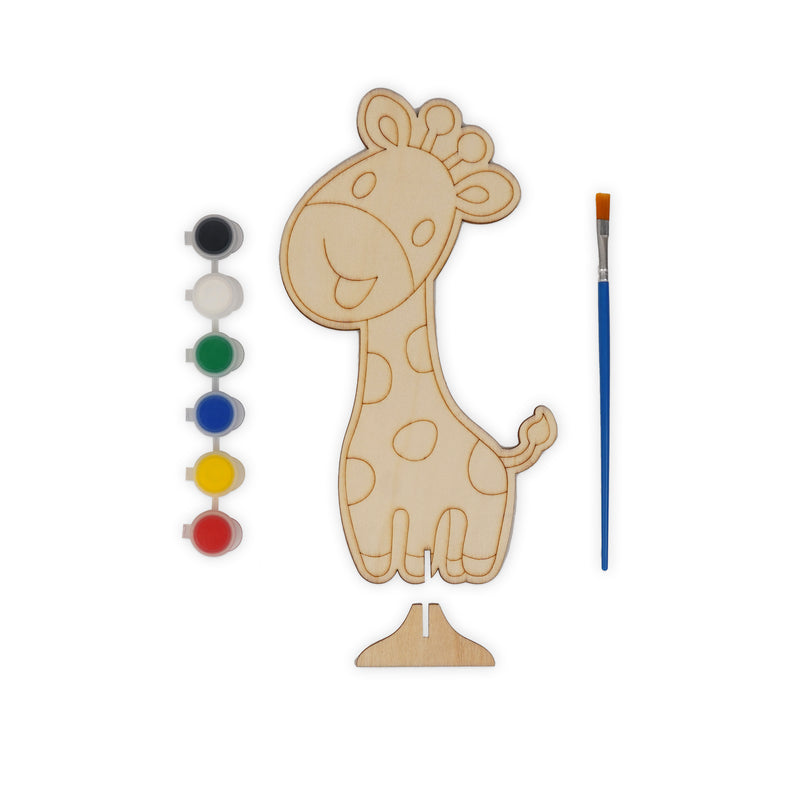 Wooden Giraffe Painting Kit for Kids with 3D standable giraffe design, includes 6 paints, brush, and wooden base.