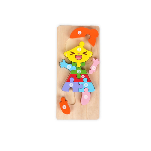 Wooden girl-shaped puzzle featuring bright, colourful numbered pieces from 1 to 10, designed for toddlers to develop number recognition, fine motor skills, and problem-solving abilities through interactive play.
img2