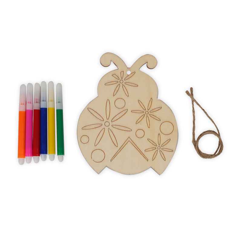 Wooden Ladybug Painting Kit for Kids with 6 colorful markers and twine for hanging decoration.