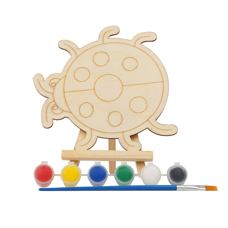 Wooden Ladybug Painting Kit for Kids with standable ladybug design, 6 paints, and brush.

