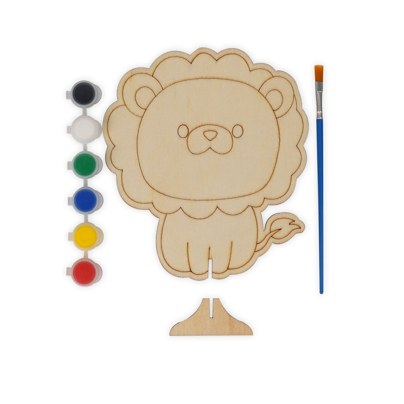 Wooden Lion Painting Kit for Kids with 3D standable lion design, includes 6 paints, brush, and standable base.