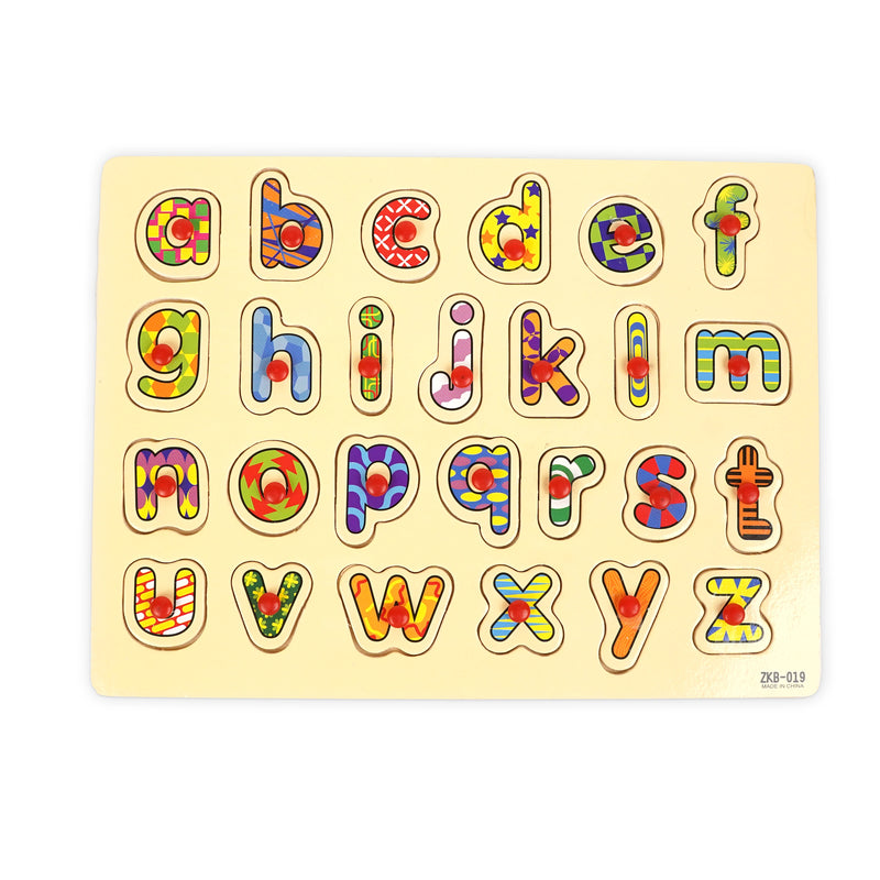 Wooden lowercase alphabet peg puzzle featuring colorful, patterned letters with easy-to-grip pegs, designed to help kids learn letter recognition and improve fine motor skills.