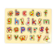 Wooden lowercase alphabet peg puzzle featuring colorful, patterned letters with easy-to-grip pegs, designed to help kids learn letter recognition and improve fine motor skills.