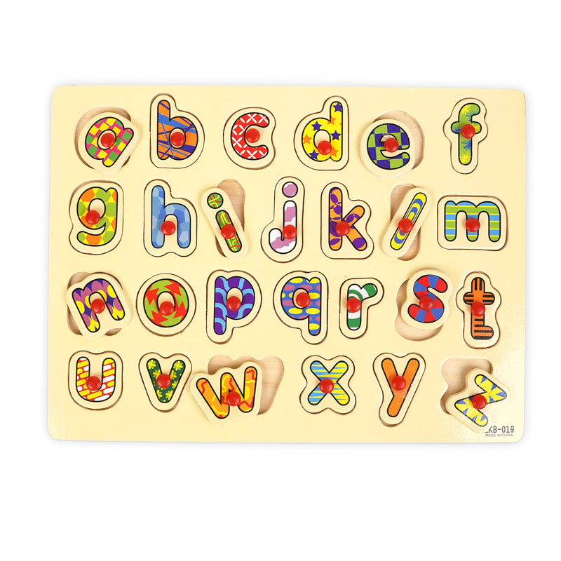 Wooden lowercase alphabet peg puzzle featuring colorful, patterned letters with easy-to-grip pegs, designed to help kids learn letter recognition and improve fine motor skills.