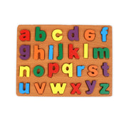 Wooden lowercase alphabet puzzle board with colorful letters designed for toddlers to learn letter recognition and develop fine motor skills.
