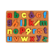 Wooden lowercase alphabet puzzle board with colorful letters designed for toddlers to learn letter recognition and develop fine motor skills.