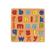  Wooden lowercase alphabet puzzle board with colorful letter pieces designed for toddlers to learn alphabet recognition and develop fine motor skills. img2