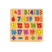 Wooden number puzzle featuring colourful numbers from 1 to 20, along with addition, subtraction, multiplication, and equal signs, designed to help toddlers develop number recognition, counting, and early math skills.