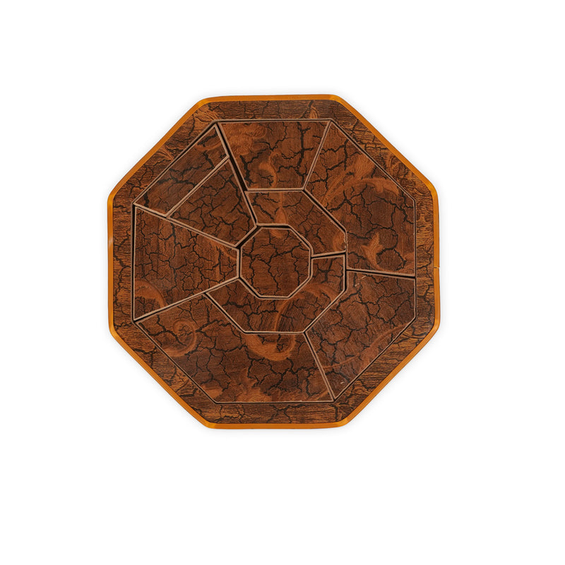 Wooden octagonal puzzle with a cracked wood texture, featuring an intricate geometric design that challenges problem-solving skills while serving as a decorative piece.
