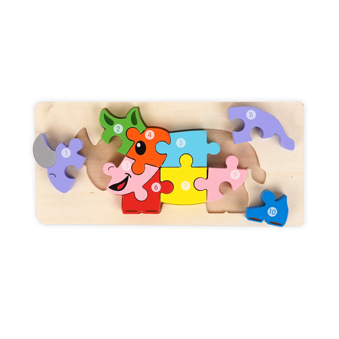 Wooden rhino-shaped puzzle featuring brightly coloured numbered pieces from 1 to 10, designed to help toddlers develop number recognition, fine motor skills, and problem-solving abilities. img2

