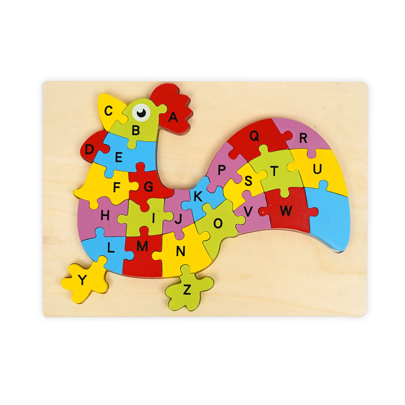  Wooden rooster alphabet puzzle with colorful interlocking pieces marked with letters, designed for toddlers to develop letter recognition and motor skills through play.