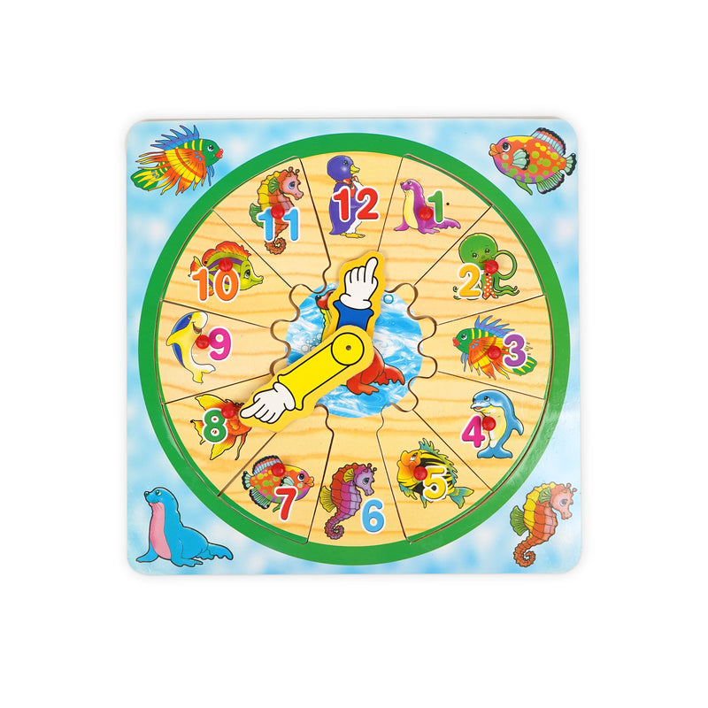 Wooden sea animal clock puzzle with colourful marine creature illustrations and numbers from 1 to 12, designed to teach toddlers how to tell time and recognize numbers while developing fine motor skills.