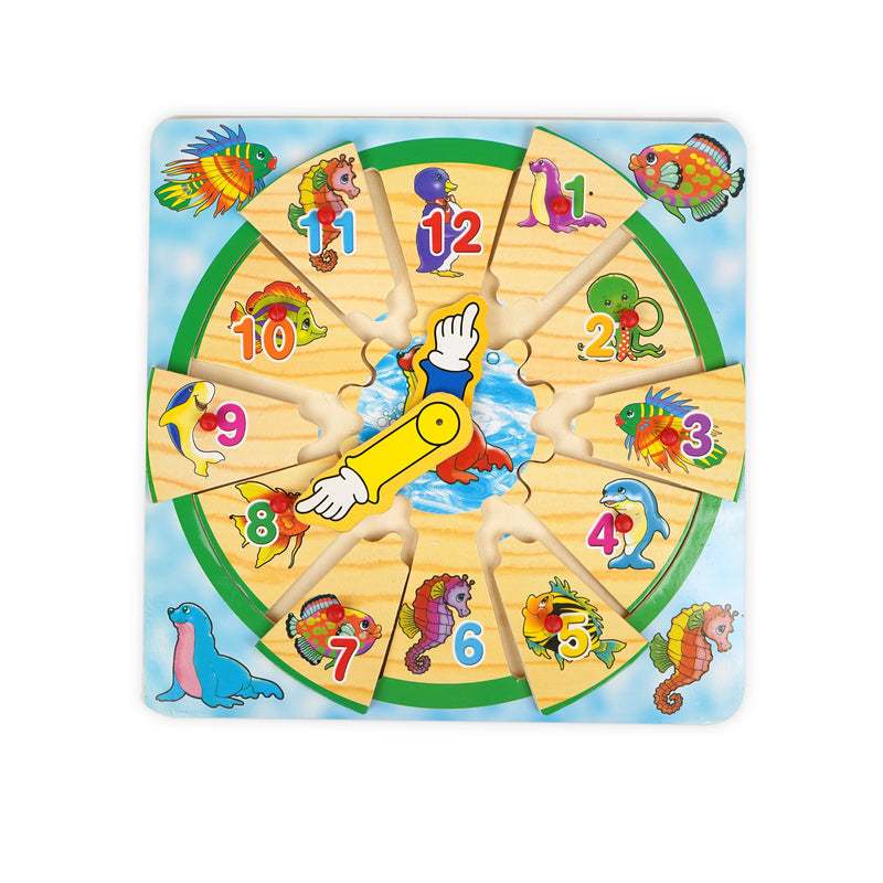 Wooden sea animal clock puzzle with colourful marine creature illustrations and numbers from 1 to 12, designed to teach toddlers how to tell time and recognize numbers while developing fine motor skills. img2