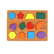 Wooden shape sorting puzzle with colorful geometric pieces, designed for toddlers to learn shape recognition and develop fine motor skills through play.