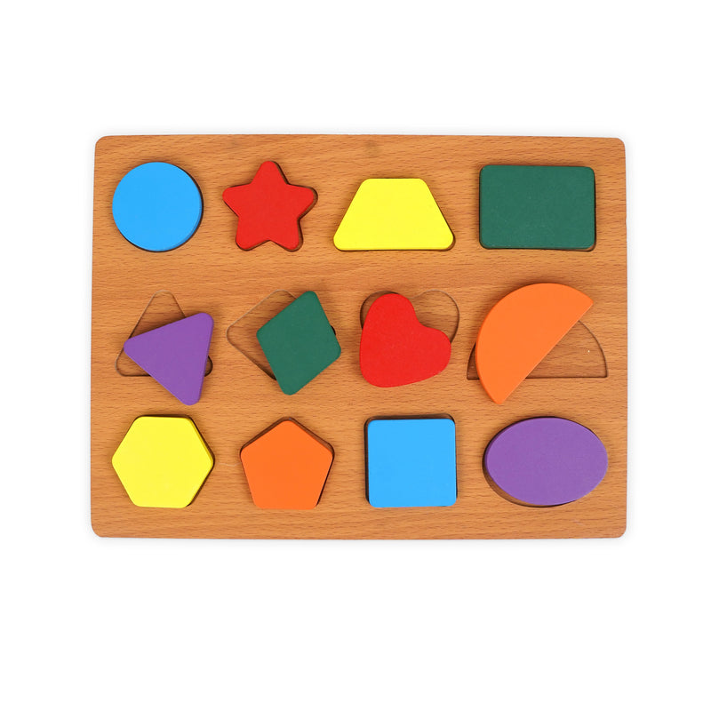 Wooden shape sorting puzzle with colorful geometric pieces, designed for toddlers to learn shape recognition and develop fine motor skills through play.
