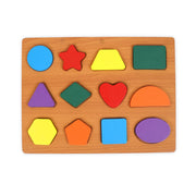 Wooden shape sorting puzzle with colorful geometric pieces, designed for toddlers to learn shape recognition and develop fine motor skills through play.