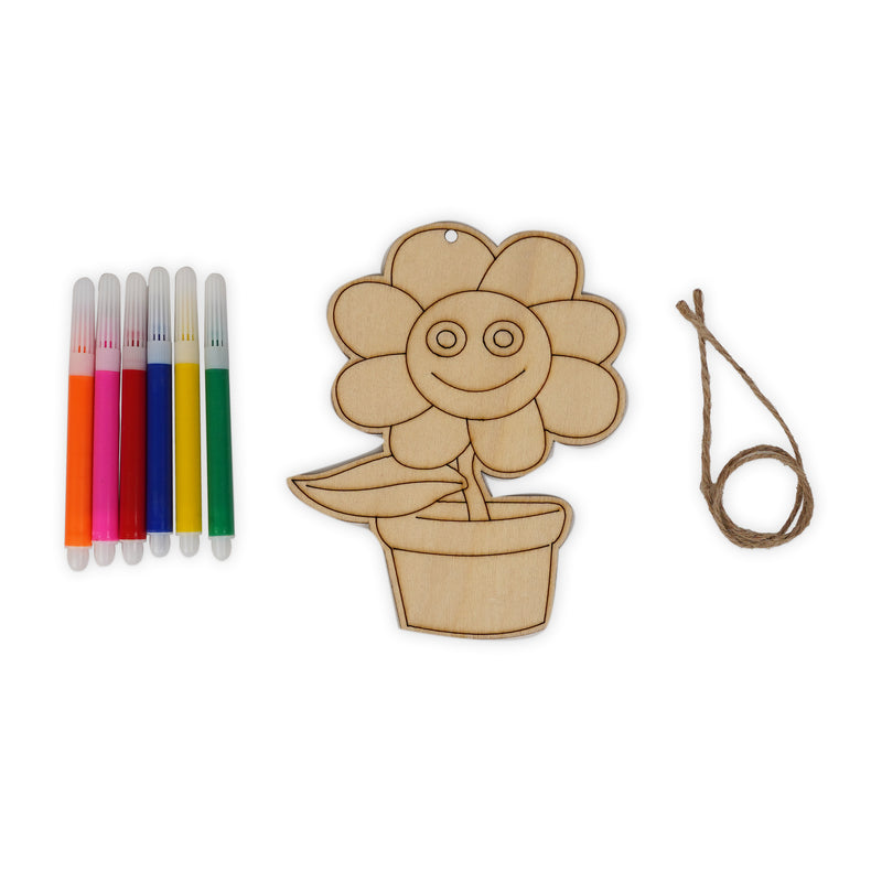 Wooden Smiley Flower Painting Kit for Kids with 6 colorful markers and twine for hanging decoration.