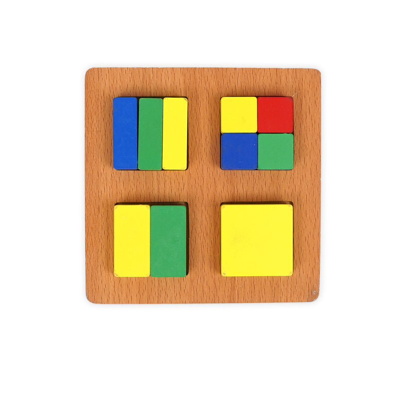 Wooden square fraction puzzle featuring colorful geometric pieces designed to teach toddlers basic fractions, shape recognition, and problem-solving skills.