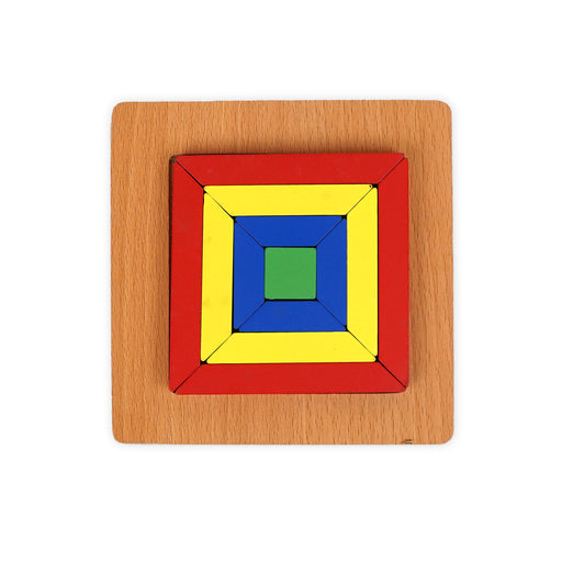 Wooden square stacking puzzle with vibrant geometric pieces designed for toddlers to develop shape recognition, fine motor skills, and problem-solving abilities.