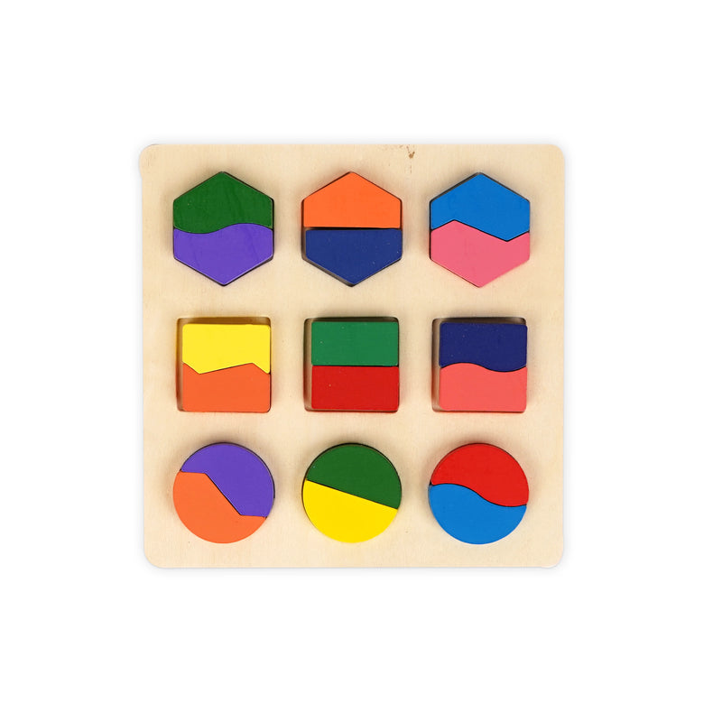  Wooden geometric shape sorting puzzle featuring colourful squares, circles, and hexagons, designed to help toddlers develop shape and colour recognition and fine motor skills. img2