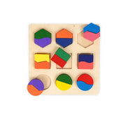  Wooden geometric shape sorting puzzle featuring colourful squares, circles, and hexagons, designed to help toddlers develop shape and colour recognition and fine motor skills.