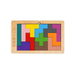 Wooden Tetris puzzle featuring colourful geometric shapes in various colours like yellow, blue, green, and purple, designed to enhance spatial reasoning and problem-solving skills through a fun and challenging brain teaser.