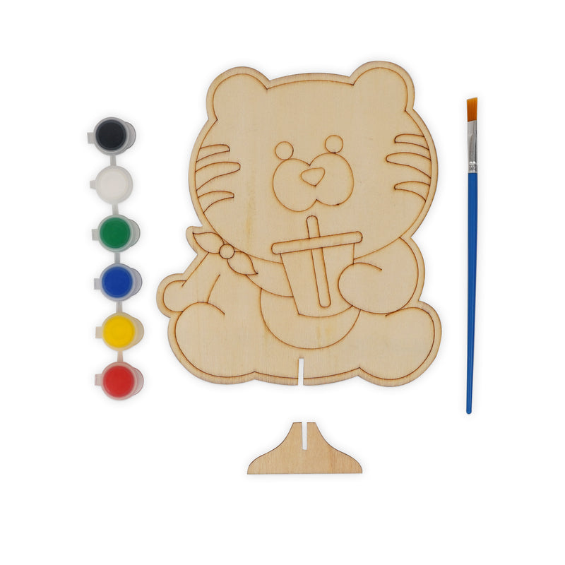 Wooden Tiger Painting Kit for Kids with a 3D tiger design, includes 6 paints, brush, and standable base.

