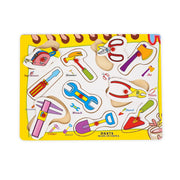 Wooden tool puzzle featuring colourful shapes of various tools such as hammer, screwdriver, wrench, pliers, and scissors, designed to help toddlers develop tool recognition and fine motor skills through interactive play.
