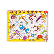 Wooden tool puzzle featuring colourful shapes of various tools such as hammer, screwdriver, wrench, pliers, and scissors, designed to help toddlers develop tool recognition and fine motor skills through interactive play. img2