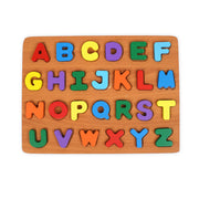 Wooden uppercase alphabet puzzle with colorful, chunky letters designed for toddlers to learn letter recognition and develop fine motor skills through educational play.