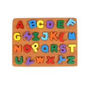 Wooden uppercase alphabet puzzle with colorful, chunky letters designed for toddlers to learn letter recognition and develop fine motor skills through educational play.
