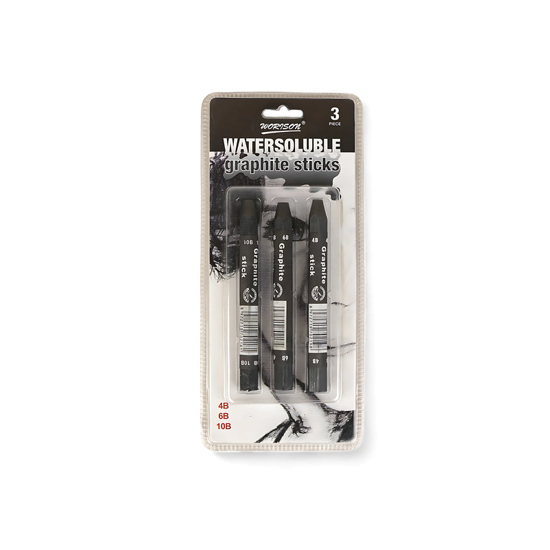 Worison Water-Soluble Graphite Sticks Set, 3-piece pack with 4B, 6B, and 10B grades for versatile shading and watercolor-like effects.

