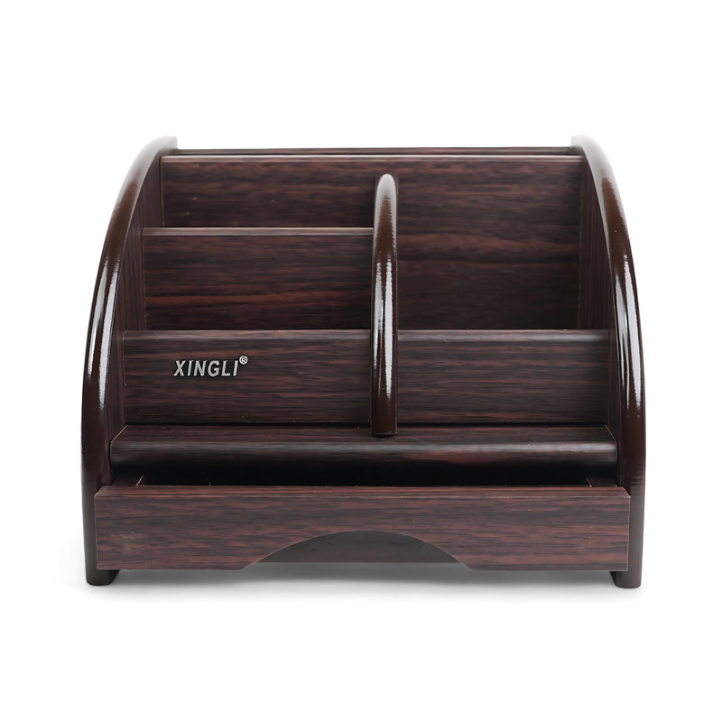 Xingli Wooden Desk Organizer (Model XL-5027) with multiple compartments in a dark wood finish.

