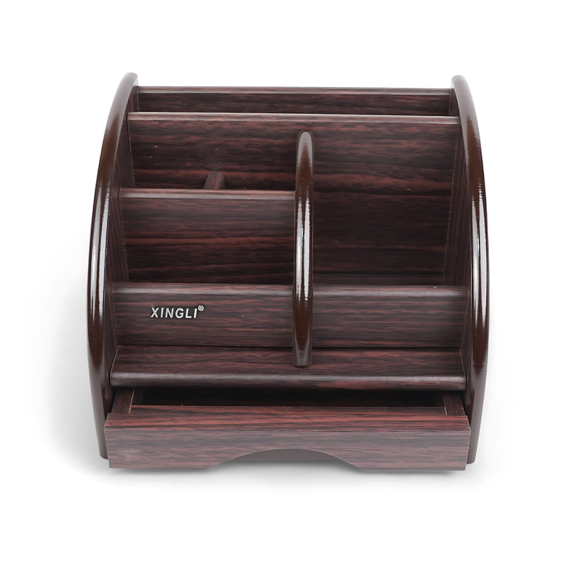 Xingli Wooden Desk Organizer (Model XL-5027) with multiple compartments in a dark wood finish.

